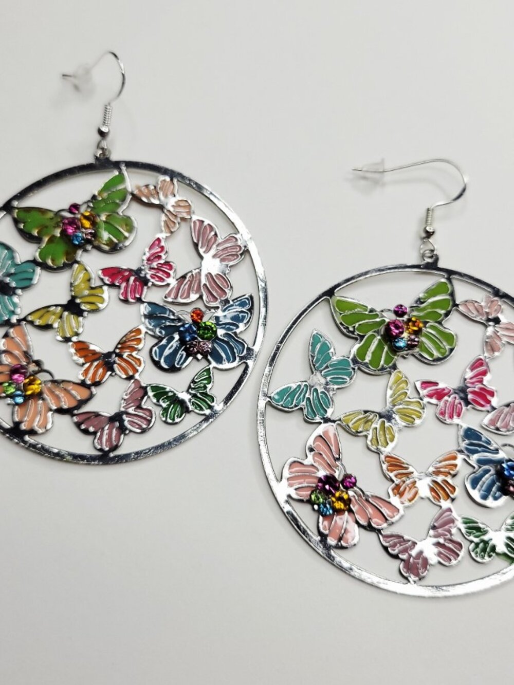 Vintage – Enameled Butterfly Large Hoop Earrings Sterling Silver Setting
